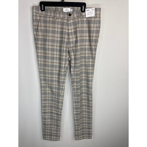 Topman Plaid Tan Black Super Skinny Pants Men's Size 34W x 34L NWT - Picture 1 of 11